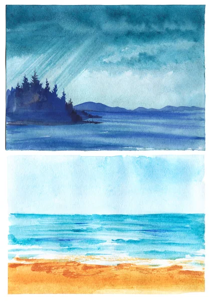 Conjunto de dois cartões postais de fundo da paisagem marinha. Dia ensolarado na praia? chuva no lago da ilha . — Fotografia de Stock