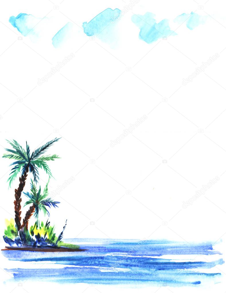 sketch illustration of a green island with lush bushes and palm trees in blue sea waters.Under a light cumulus clouds.