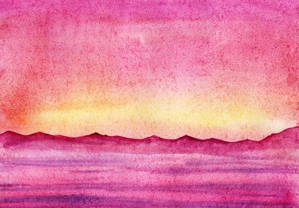 手描きの水彩風景。ピンクの夕日の空を参照してください。さらに山々のダークシルエット. — ストック写真