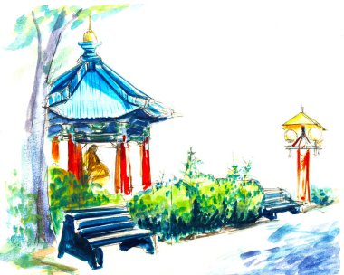 Parkta bir ağacın altında küçük mavi bir Budist tapınağı. Altın bir buda silueti. Banklar Oryantal fenerler ile Yollar. Yaz yemyeşil çalılar.