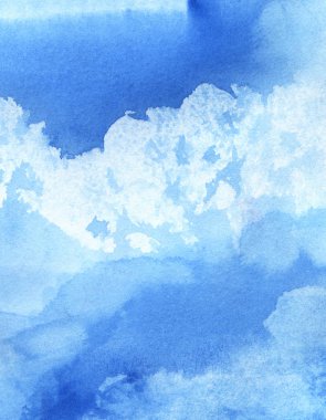 Soyut suluboya arka plan. Güneşli bir günde mavi gökyüzünde Cumulus bulutlar. El-çizilmiş suluboya illüstrasyon.