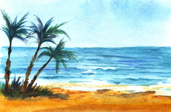 Tropikal deniz kıyısı. Deniz mavisi, mavi gökyüzü. Parlak kum. Palmiye ağacının üç koyu silueti. — Stok fotoğraf