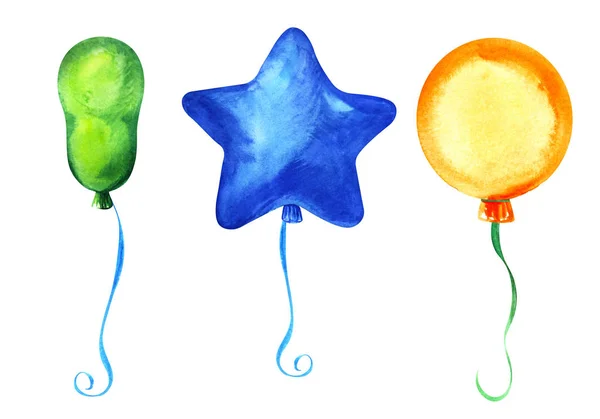 Zestaw elementów dekoracyjnych. Trzy balony o różnych kształtach: okrągłe, wydłużone, gwiazdy, na wstążkach. Niebieski, zielony, pomarańczowy. Ręcznie rysowane akwarela ilustracja na białym tle. — Zdjęcie stockowe