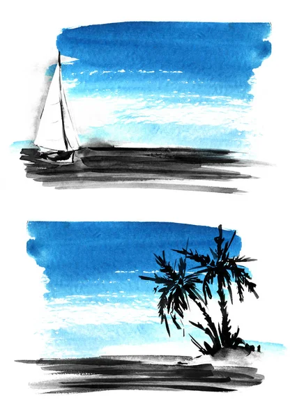 Setzte zwei Postkartenillustration dunkle Silhouette zwei Palmen auf kleine Insel Ozean. schwarze Tusche Skizze Segelboot dreieckigen Segel in meerblauem Aquarell Himmel Hintergrund. Handgezeichnete Aquarell-Illustration — Stockfoto