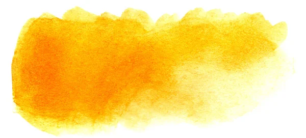 Sfondo astratto dei titoli. Una macchia oblunga informe di colore giallo arancio dorato. Gradiente dal buio alla luce. Illustrazione ad acquerello disegnata a mano su carta velina. isolato su bianco — Foto Stock