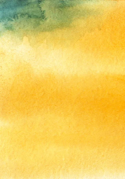 Delicadamente borrada fundo aquarela abstrato. Arte desenhada à mão com textura de papel. Gradiente brilhante de turquesa suave a salpicos amarelos brilhantes na paleta de cores. Pintura de pincel macio . — Fotografia de Stock