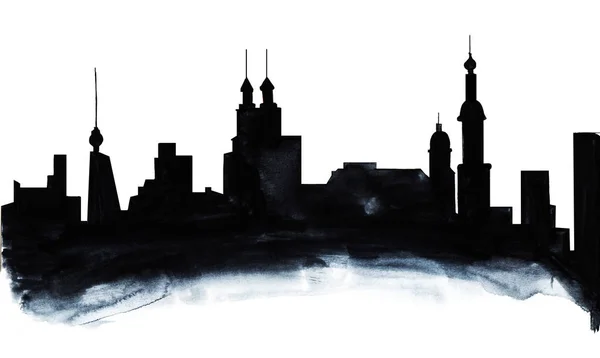 Hand drawn abstract watercolor background on paper texture. Gradient shadow from black to grey creates city outlines on white fond viewed as thickened smoke. Brush stroke vector illustration.