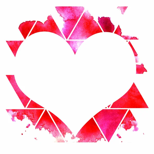Abstract watercolor hand-drawn art. Pieces of colorful triangles of red shades on white background creating shape of heart with place for text. Brush stroke paper-texture illustration.