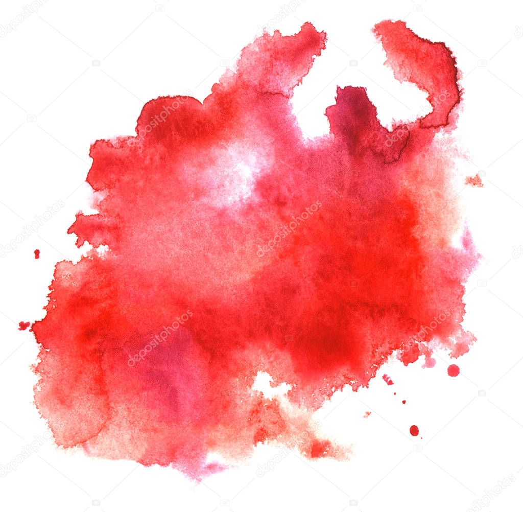 Abstract red watercolor background. Stain of red liquid paint of different shades. Splashes of pink and crimson color on white fond. Hand-drawn paper template illustration.