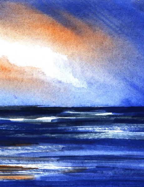 Absztrakt akvarell háttér-papír textúra. Naplemente ég felett sötét tenger fény villog tükröződik a vízben elmosott horizonton. Handmade ecsetvonás művészet kék, fehér, narancs árnyalatok. — Stock Fotó