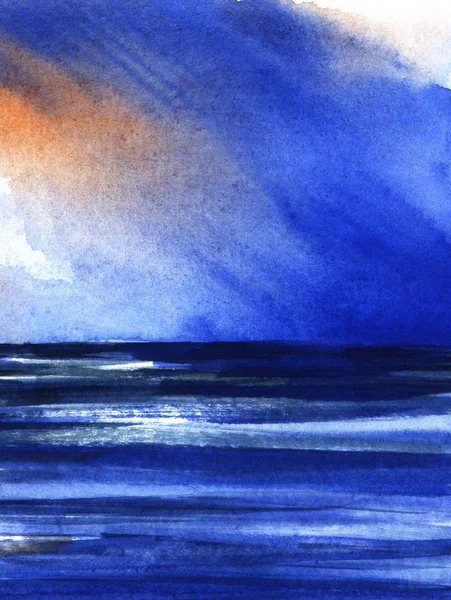 Abstrait fond d'aquarelle grunge avec texture de papier Ciel devient sombre au-dessus de la mer ondulée, éclairs de lumière réfléchissent dans l'eau Art brushstroke à la main avec effet d'encre humide créatif Nuances d'orange blanc bleu — Photo