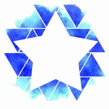 Soyut suluboya elle çizilmiş sanat. Beyaz arka plan üzerinde mavi tonları renkli üçgen parçaları metin için yer ile yıldız şekli oluşturun. Fırça darbesi kağıt-doku çizimi.