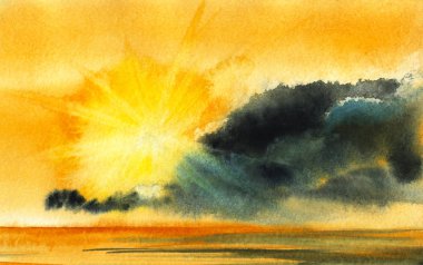 Sıcak el yapımı suluboya kağıt doku manzara. Batan güneş, gökyüzünü parlak yanıp sönmelerle aydınlatır ve altında altın renginde koyu bulutlar ve renklendirici su bırakır. Bulutlar pürüzsüz su üzerinde gri çizgiler olarak yansıtır.