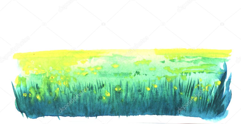 Abstract watercolor hand drawn piece of art on paper texture. Illustration of strip with blurred yellow spots of flowers on green field with dark green lines of grass - all on white background.