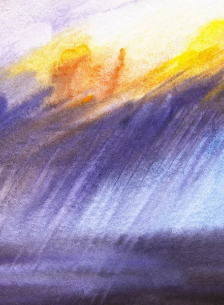 Colorido fondo acuarela paisaje marino abstracto. Salpicaduras de lluvia borrosa, que brotan de nubes brillantes coloreadas con tonos de atardecer, caen en el agua oscura. Plantilla dibujada a mano ilustración sobre textura de papel . —  Fotos de Stock