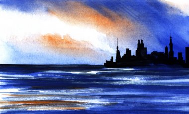 Soyut kağıt doku suluboya arka plan manzara. Mavi, beyaz, turuncu tonları su El yapımı fırça darbesi sanat yansıtan renkli görkemli cloudscape ile gün batımı gökyüzüne karşı karanlık şehir anahat