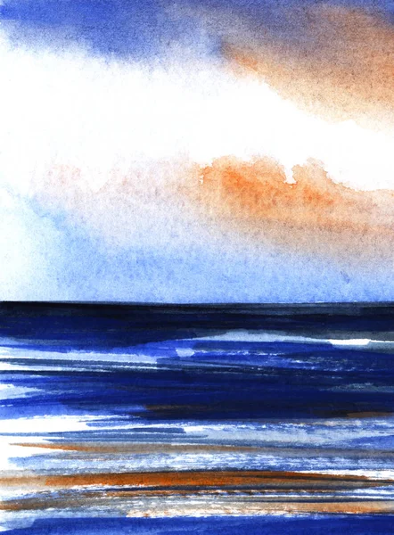 Papel abstrato texturizado paisagem fundo aquarela. Céu de pôr do sol com nuvens fofas refletem em ondas de coloração do mar escuro em tons azuis, brancos, laranja. Arte pincelada artesanal com efeito de tinta molhada . — Fotografia de Stock