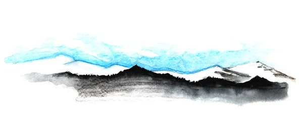 Desenho aquarela abstrato com paisagem de montanha. Série de cadeias montanhosas - escuras e florestadas em frente à neve - isoladas em fundo branco. Ilustração desenhada à mão sobre textura de papel . — Fotografia de Stock