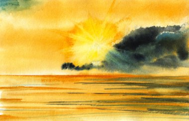Sıcak fırça darbesi suluboya kağıt doku manzara. Batan güneş, gökyüzünü parlak yanıp sönmelerle aydınlatır ve kara bulutları yarılar ve altını naltına boyar. Bulutlar pürüzsüz su üzerinde gri çizgiler olarak yansıtır