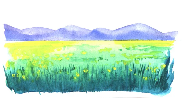 Abstracto paisaje acuarela dibujado a mano sobre textura de papel. Pincelada imagen de manchas amarillas borrosas de flores en el campo verde con líneas verdes oscuras de hierba frente a majestuosas montañas . — Foto de Stock