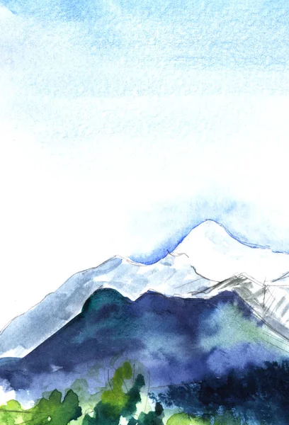 Acuarela abstracta paisaje de fondo de majestuosa cadena montañosa de picos nevados con zona verde en primer plano bajo hermoso cielo azul. Ilustración de pincelada dibujada a mano sobre textura de papel . —  Fotos de Stock