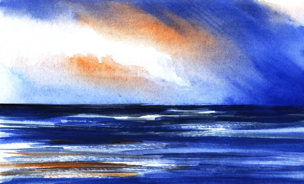 Abstrait papier texture aquarelle fond paysage. Ciel couchant avec majestueux reflet nuageux dans les vagues de coloration de la mer sombre dans les tons bleu, blanc, orange. Art brushstroke fait à la main avec effet encre — Photo