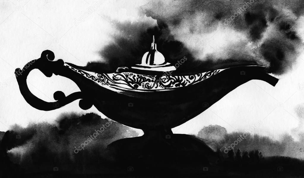 Magic Arab lamp Aladdin. It is smoked by gin. Elegant silhouette with patterns. Hand-drawn black ink illustration on white background.