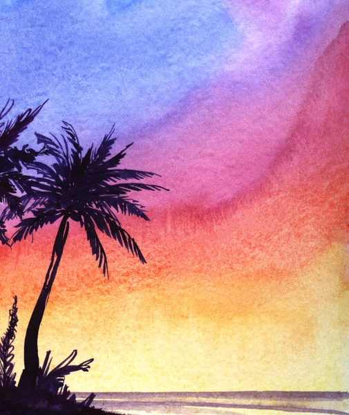 素晴らしい熱帯風景水彩画の背景。ココナッツヤシの木の暗いシルエットと虹の色の明るいグラデーションの夕日の空.水彩効果のある紙の質感に手描きアート. — ストック写真
