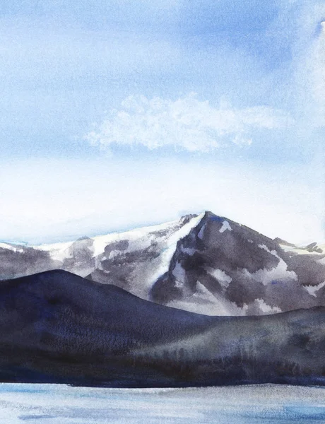 Abstract watercolor landscape. High mountains in a light haze. Snow peaks. A lake, river or sea with a smooth water surface. Light blue sky. Hand-drawn watercolor illustration