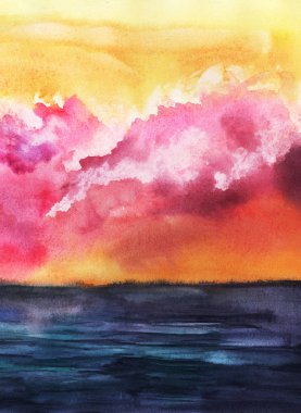 Renkli el manzarası. Fiery Aurora günbatımı yumuşak pembe Lila degrade kabarık bulutlar, altın gökyüzü koyu pürüzsüz su çizgili yüzey. Kağıt doku arka plan illüstrasyon soyut suluboya.