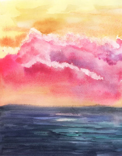 Colorato paesaggio marino disegnato a mano. Tramonto di aurora ardente con sfumatura rosa tenue e lilla di nuvole soffice superficie liscia scura a strisce d'acqua. Astratto acquerello sfondo illustrazione carta texture . — Foto Stock