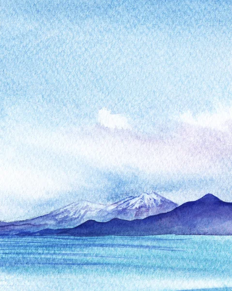 Paisaje de montaña abstracto. Lake Van. siluetas oscuras de cadenas montañosas con picos nevados, detrás de la superficie del agua. Ilustración de acuarela dibujada a mano sobre papel de textura . —  Fotos de Stock