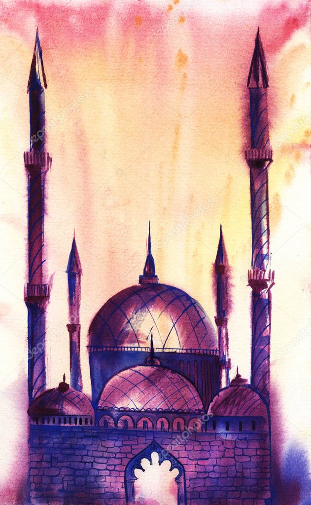 Violet-blue silhouette of a mosque with four minarets and four domes against a red-yellow glow. Sunrise sunset or fire. Gradient. Hand-drawn watercolor illustration on wet paper.