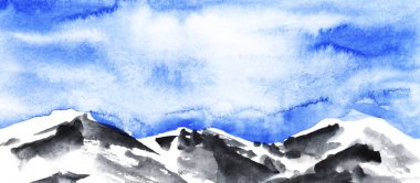 Suluboya el çizilmiş peyzaj arka plan. Kabarık beyaz bulutlar ile aydınlatıcı Azure gökyüzü altında karlı doruklarının dağ zinciri. Kağıt dokusu üzerinde suluboya etkisi ile fırça kontur illüstrasyon.
