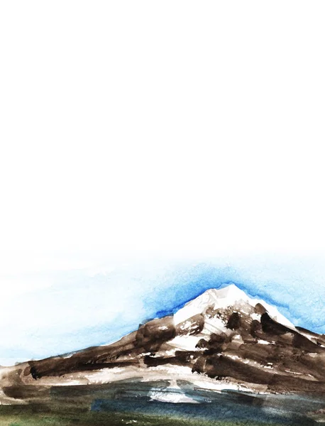 Υδατογραφεί αφηρημένο τοπίο με θολά περιγράμματα από χιονισμένη βουνοκορφή απέναντι σε ψηλό μπλε και λευκό ουρανό. Εικονογράφηση πινέλου με χέρι στην υφή χαρτιού. — Φωτογραφία Αρχείου