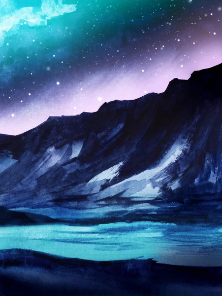 Paisaje nocturno. Siluetas oscuras de montañas. Cielo estrellado con luces boreales. Rayos rosados y azules. La superficie del agua o del lago. Lugar místico. Acuarela dibujada a mano ilustración — Foto de Stock