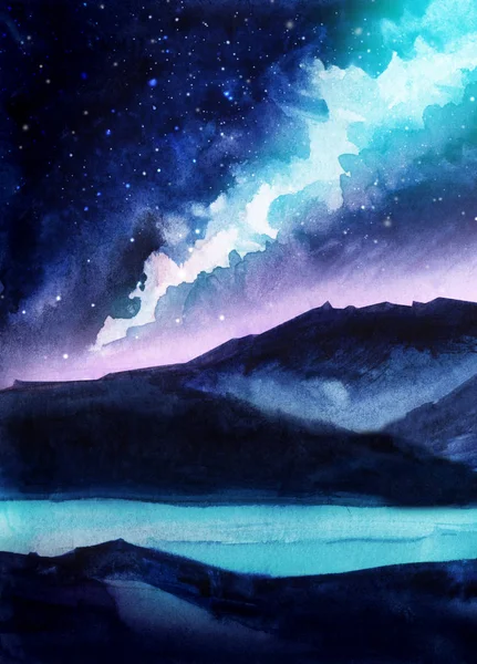 Paysage nocturne. Silhouettes sombres de montagnes. Ciel étoilé avec aurores boréales. La Voie lactée. Rayons roses et bleus. La surface de l'eau ou du lac. Un endroit mystique. Illustration aquarelle dessinée à la main — Photo