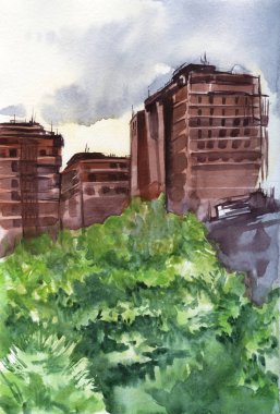 Kağıt dokusu üzerinde soyut suluboya Cityscape arka plan. Gri bulutlu gökyüzünde inşaat standı altında kahverengi yüksek yükselir. Görüş kısmı ön planda ağaçlar yoğun yeşillik tarafından kapalıdır. El yapımı sanat.
