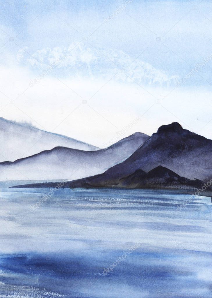 Abstract watercolor landscape. High mountains in a light haze. A lake, river or sea with a smooth water surface. Light blue sky. Hand-drawn watercolor illustration