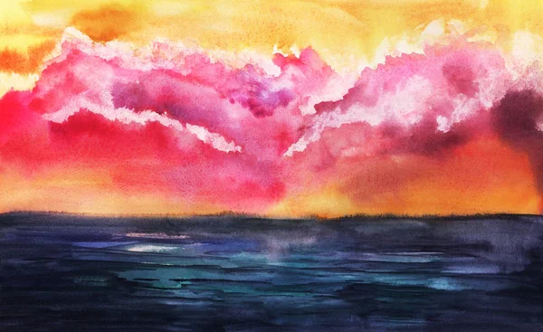 Paysage marin coloré dessiné à la main. Fiery aurora coucher de soleil doux rose lilas gradient nuages pelucheux, ciel doré sombre surface rayée d'eau lisse. Abstrait aquarelle fond illustration papier texture . — Photo