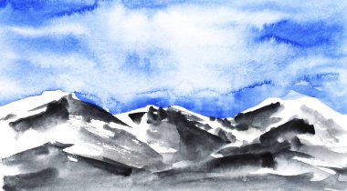 Suluboya el çizilmiş manzara arka plan. Yumuşak beyaz bulutlar ile parlayan mavi gökyüzüfon karşı karlı zirveleri Dağ zinciri. Kağıt dokusunda suluboya etkisi olan fırça darbesi çizimi