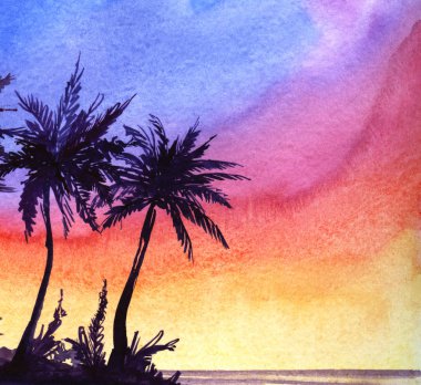 Muhteşem tropikal manzara arka plan. Gökkuşağı renkleri parlak degrade günbatımı gökyüzüne karşı hindistan cevizi palmiye ağaçları ile deniz kenarı koyu siluet. Suluboya el çizilmiş illüstrasyon kağıt doku.