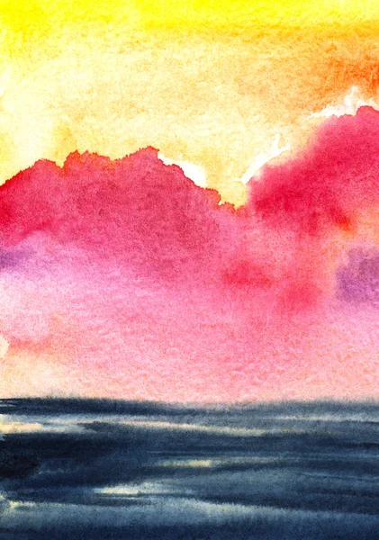 Beautiful watercolor abstract background. Colorful hand drawn seascape on grained texture paper. Bright sunset sky of shining yellow and romantic pink tones above dark wavy sea with white splashes. — Stock Photo, Image