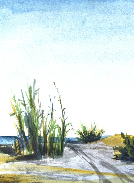 Tengerparti táj magas növényzet és a buja bokrok növekvő homok alatt csillogó kék gradiens égen. A tengervonalat a háttérben nézi. Akvarell kézzel rajzolt absztrakt illusztráció papír textúra. — Stock Fotó