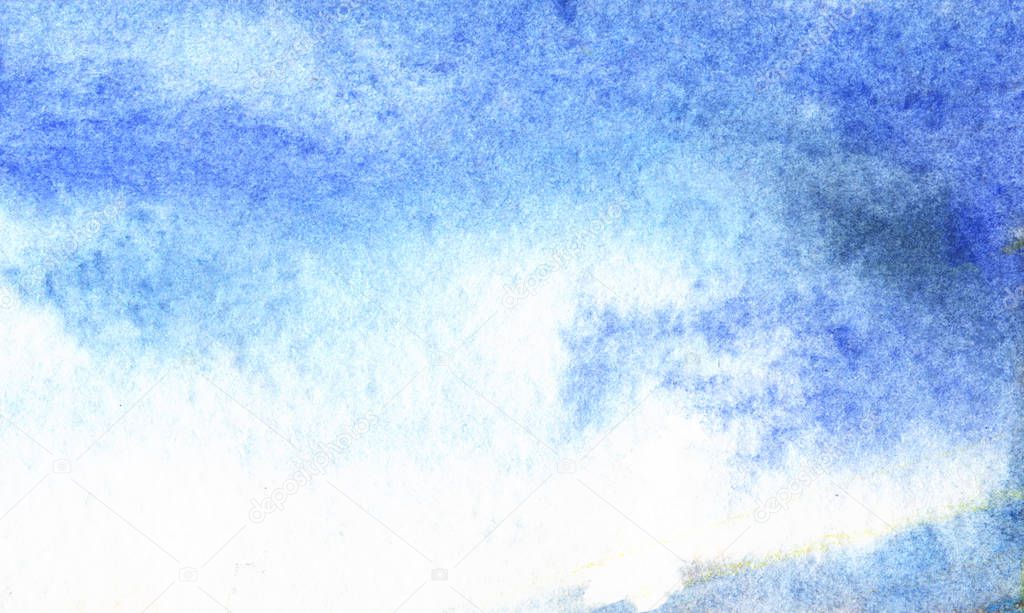 Sky blue abstract watercolor background. Gradient fill. Piece of heaven in azure and white shades. Blurred splashes and stains of blue paint. Hand drawn illustration on grained paper texture.