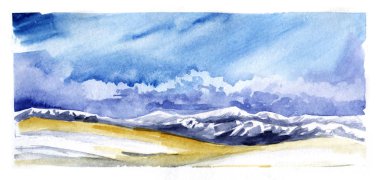 Peyzaj pastel renkler. Sarı Vadi, beyaz kar zirveleri ile mor dağlar. Mavi gökyüzü kümülüs beyaz bulutlar Soyut suluboya arka plan ile. Doku kağıdına elle çizilmiş çizim.