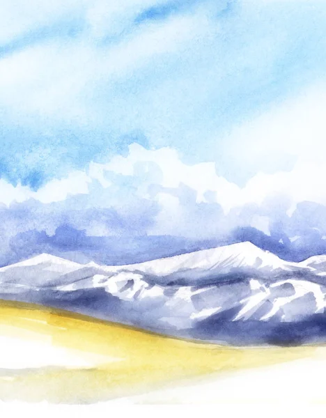 Paisaje colores pastel. Valle Amarillo, montañas púrpuras con picos de nieve blanca. Cielo azul cúmulo nubes blancas Fondo de acuarela abstracto con efecto difuminado. Ilustración dibujada a mano sobre papel de textura . — Foto de Stock