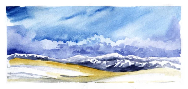 Landschap pastel kleuren. Gele vallei, paarse bergen met witte sneeuw pieken. Blauwe hemel Cumulus witte wolken abstract aquarel achtergrond met. Hand getekende illustratie op textuur papier. — Stockfoto