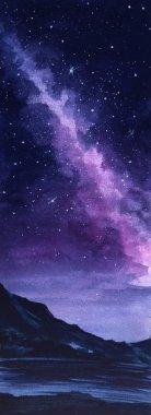 Soyut gece manzarası. Yıldız ışığının çok renkli parıltıları ve degrade mor tonları muhteşem samanyolu ile gece gökyüzünün altında dağların karanlık anahatları. Suluboya el çizilmiş illüstrasyon.