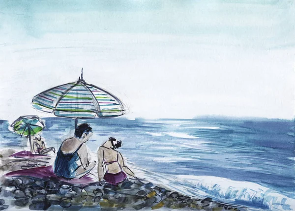 Vodní barva pohled na starou ženu a dívku pod deštníkem na oblázkové pláži. Letní odpočinek za slunného slunečného počasí. Klidné pozadí a lehký přechod na nebe. Kreslené ilustrace na textuře papíru. — Stock fotografie